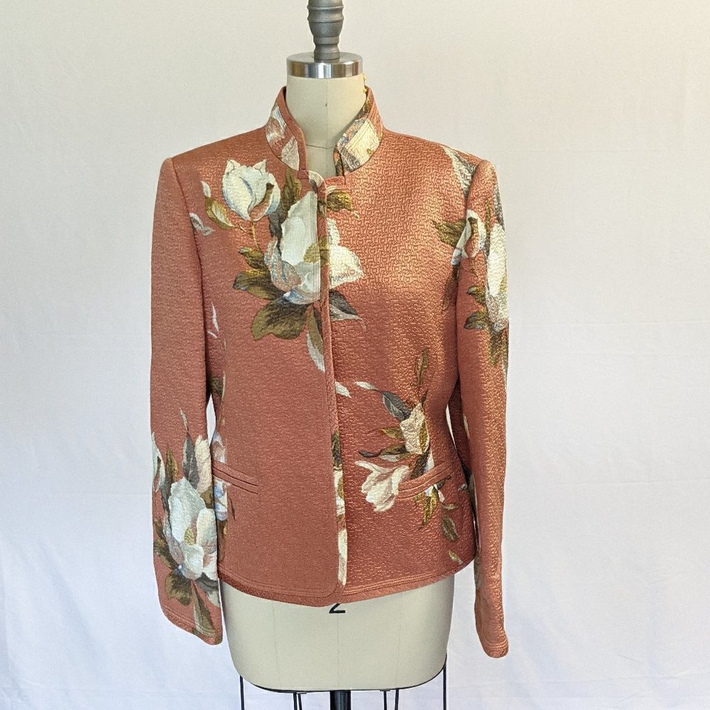 Ellen Tracy Neiman Marcus Floral Quilted Jacket Orange Tan 6 Vintage Preppy Work